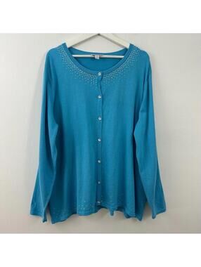 Quacker Factory Women’s Embellished Blue Button Down Cardigan Sweater Size 2X